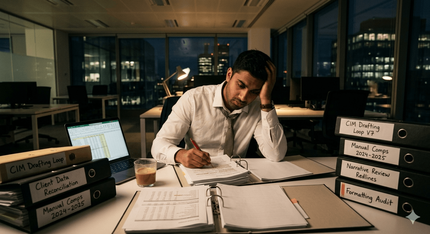 Overwhelmed analyst at a desk with messy files, illustrating the need for standardizing the investment banking intake process.