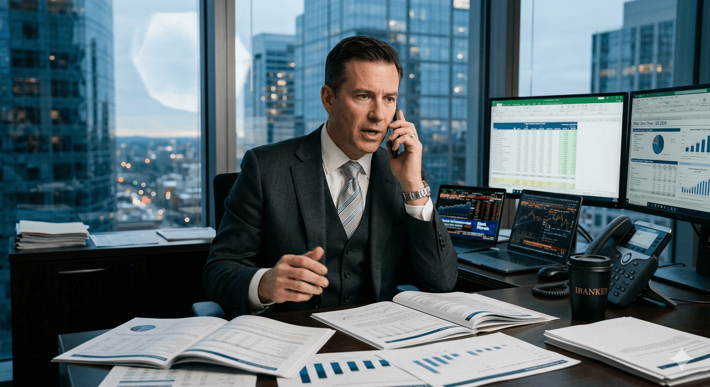 A senior banker on a client call, demonstrating how automation is freeing senior bankers for high value deal execution by removing administrative tasks.