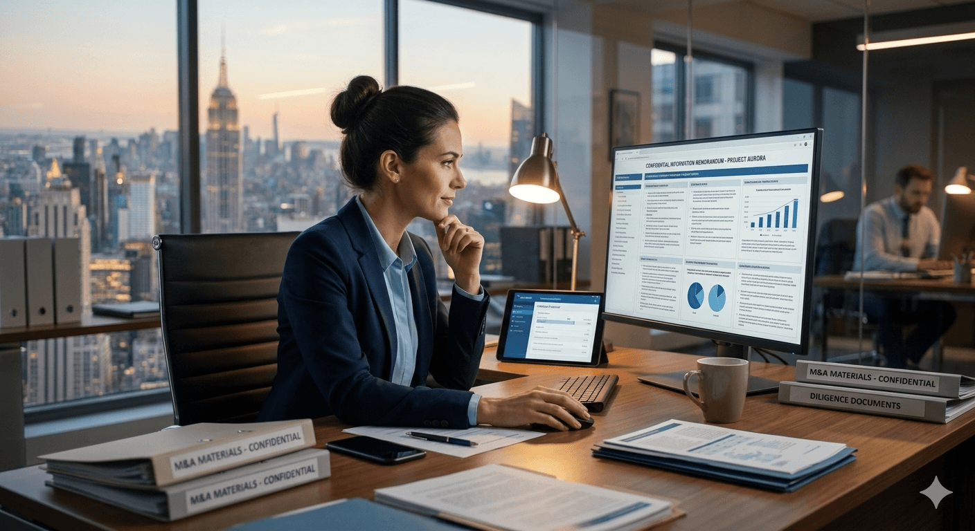 An investment banker analyzes a complex Confidential Information Memorandum on a large desktop monitor. The desk is organized with binders labeled 'M&A Materials' and 'Diligence Documents' in a modern, high-rise office at sunset. The scene highlights the focus required for manually creating confidential information memorandums in a high-stakes deal environment.