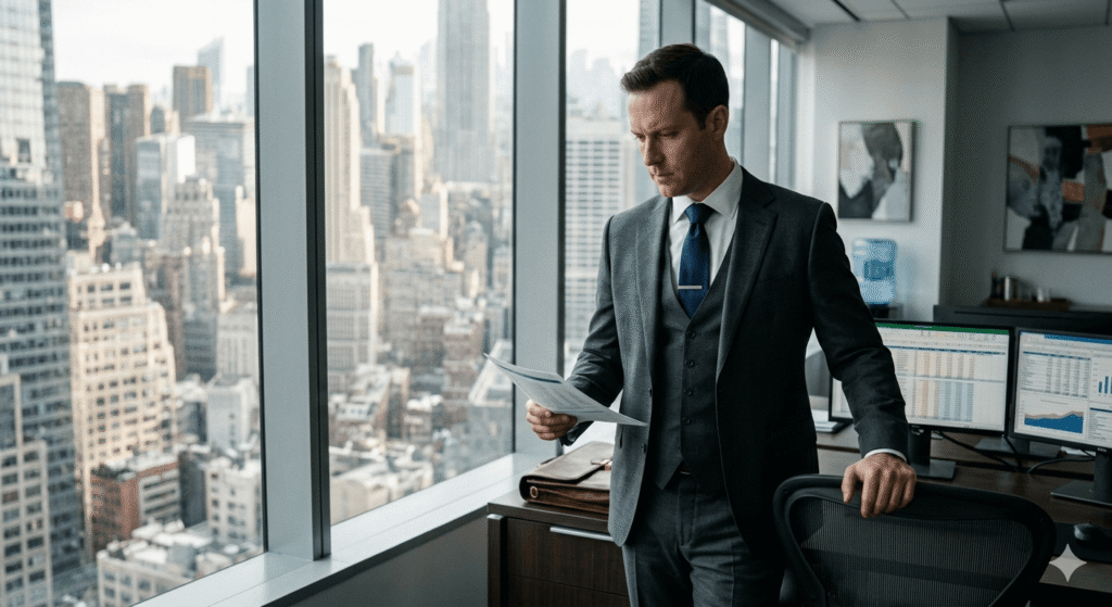 A senior investment banker in a high-rise office reviewing a professional CIM print out that was exported from AI to PowerPoint, ensuring the data is accurate and the layout is client-ready.