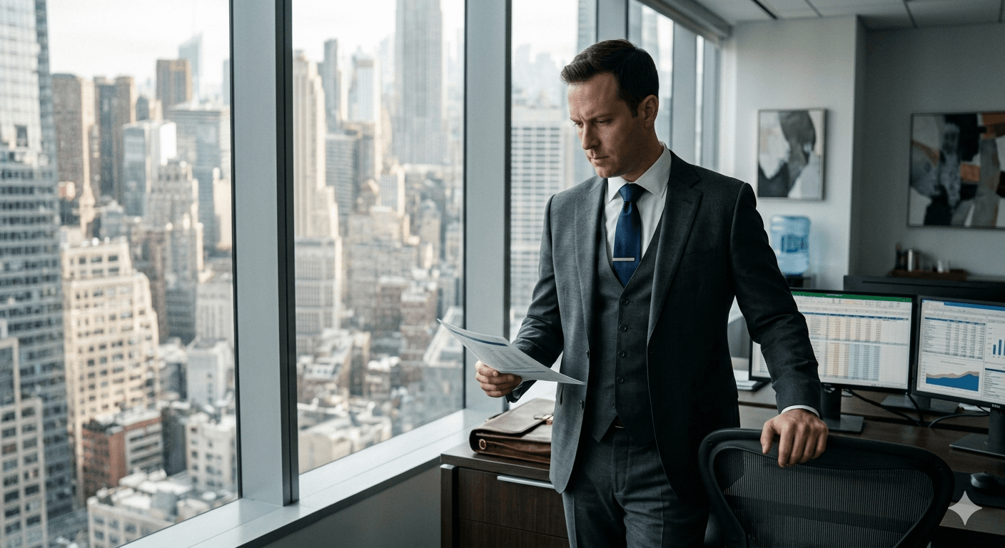 A senior investment banker in a high-rise office reviewing a professional CIM print out that was exported from AI to PowerPoint, ensuring the data is accurate and the layout is client-ready.