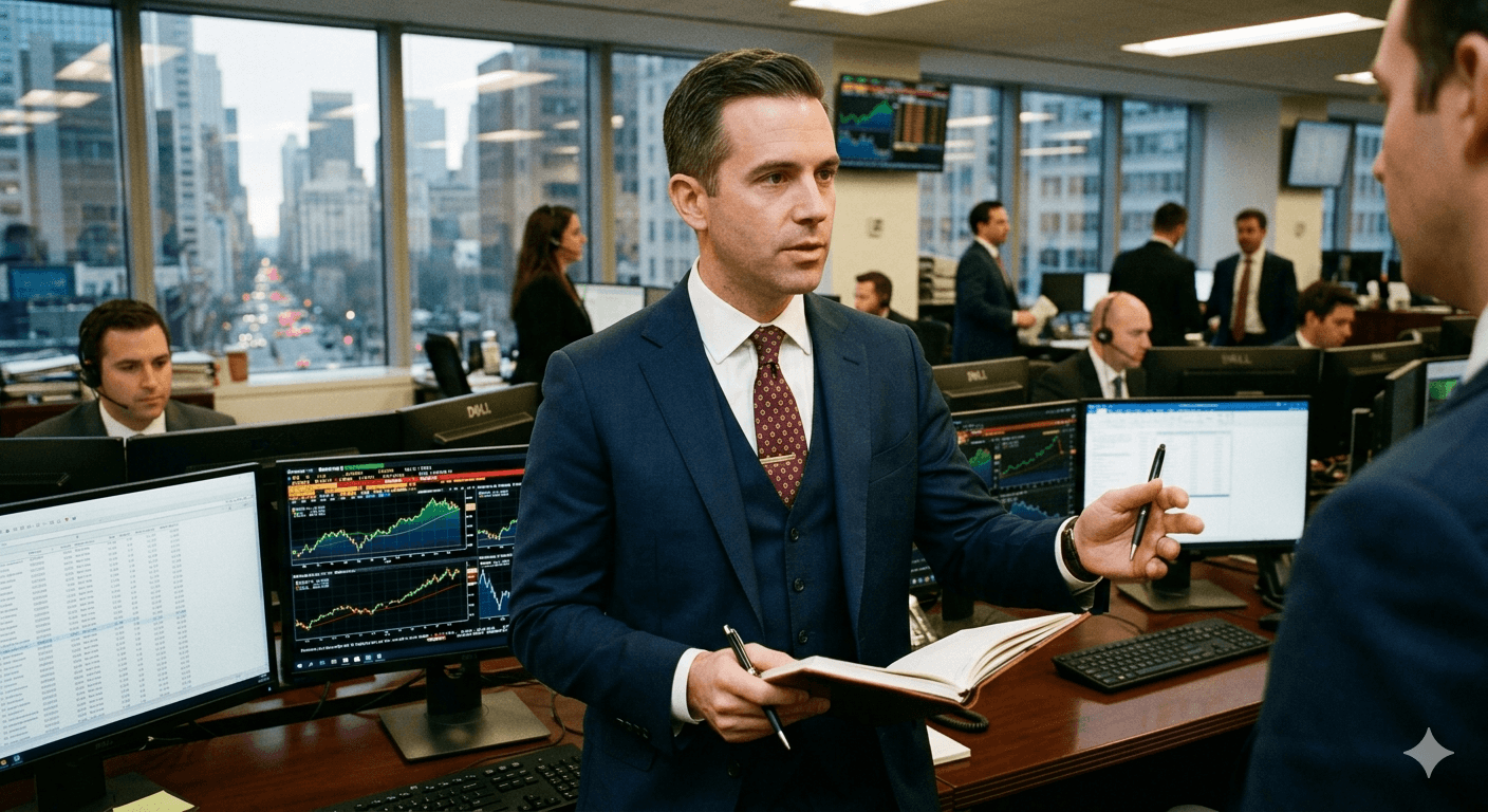 An investment banking team working in a high-tech office environment, discussing how to keep confidential data safe with AI in investment banking while managing complex financial transactions.