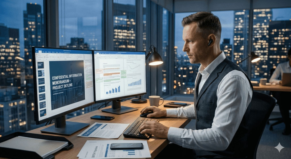 An investment banker makes real-time edits to a structured Confidential Information Memorandum on a large monitor. The process is centralized on a modern, high-rise office desk, demonstrating how a true master file prevents version drift in the deal feedback loop.