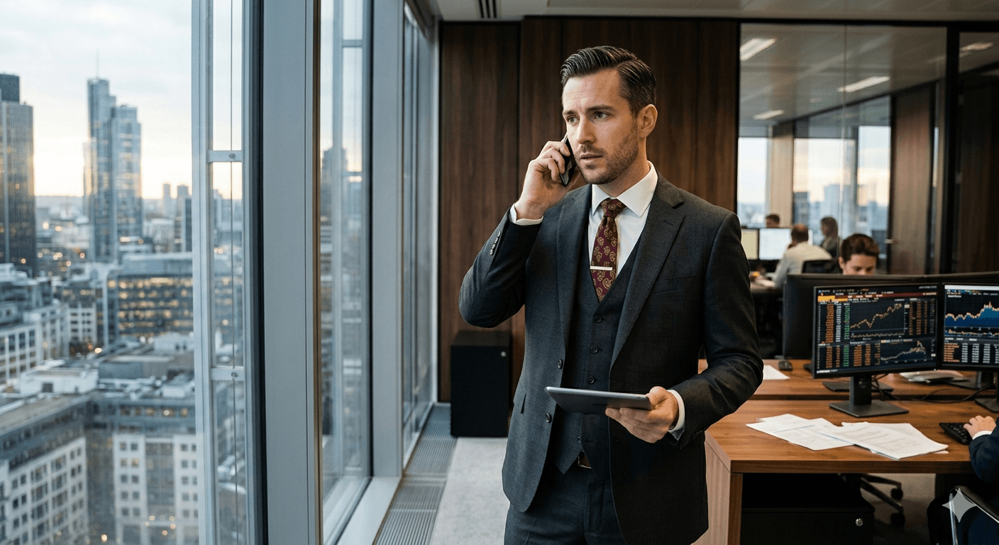 A senior banker in a high-rise office reviewing a tablet, demonstrating the efficiency of automating the production of deal materials.