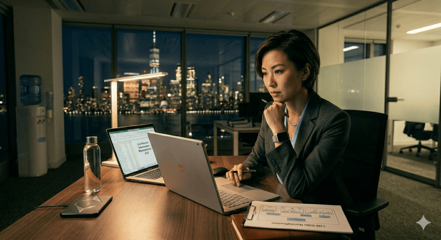 A professional investment banker, a woman in a modern, high-rise office at night, intensely focused on a laptop displaying M&A data. The clean, paperless desk overlooks the illuminated New York City skyline, symbolizing the efficiency and reclaimed capacity gained by structuring M&A data for go-to-market.