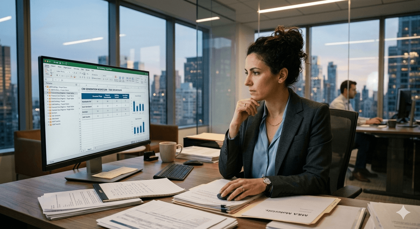 An investment banker in a charcoal blazer reviews organized files and spreadsheets on a computer screen, specifically labeled for 'CIM GENERATION WORKFLOW' and 'Organizing Investment Banking Materials.' She is focused on complex data charts within a modern, high-rise office in New York City at dusk.
