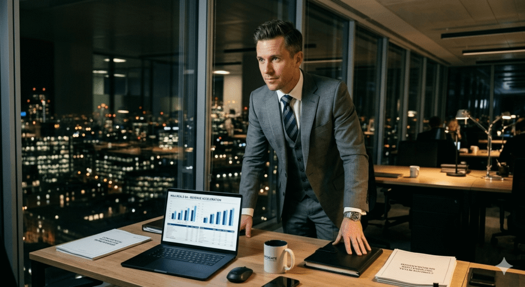 An investment banker analyzes a revenue acceleration chart in a high-rise office at night, showcasing the strategic benefits of AI in investment banking for M&A deal flow.