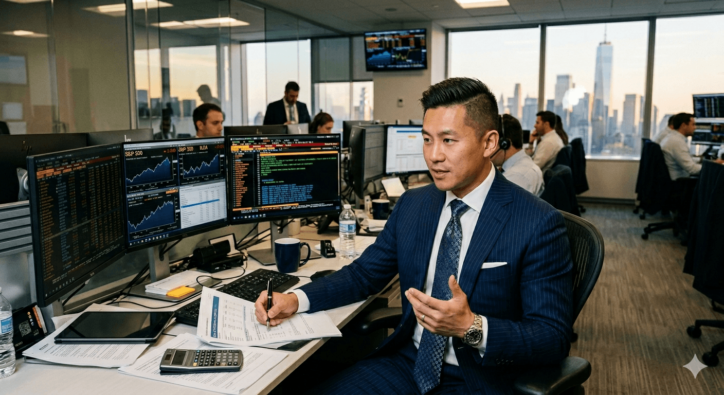Investment banker at a desk reviewing financial documents on a laptop while solving client bottlenecks in investment banking using automation.