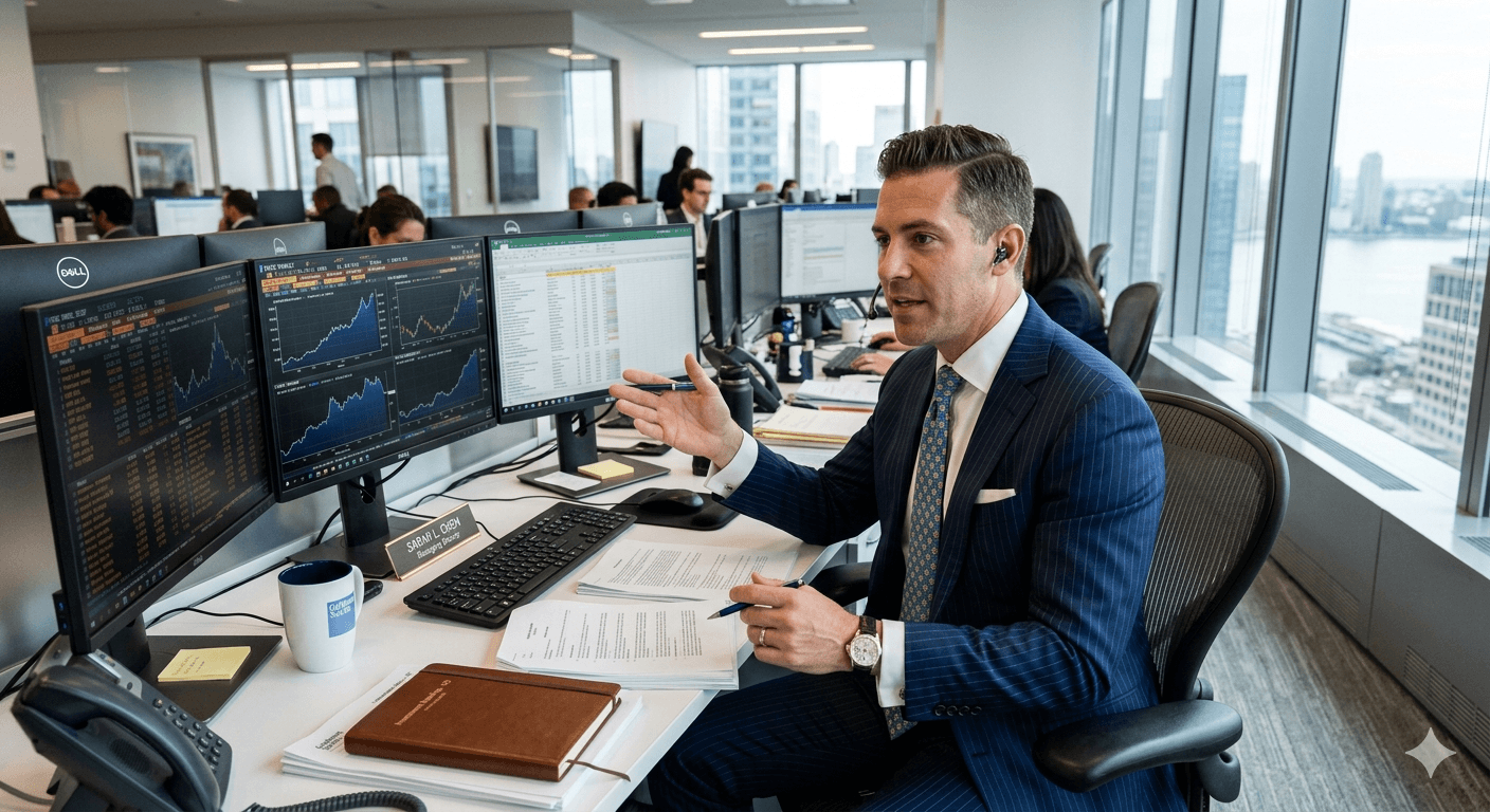 An investment banker managing real time deal updates on multiple monitors, Managing Deal Revisions in Investment Banking with AI.