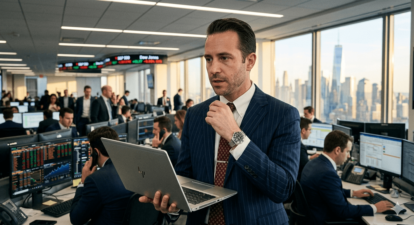 A senior investment banker standing in a busy bullpen and using a laptop to maximize investment banking analyst output by managing multiple deals through the InfoGate Financial AI platform.