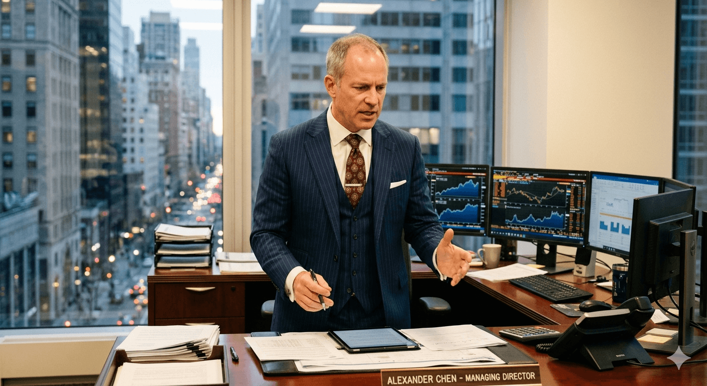 An investment banker uses a laptop in a busy office bullpen to speed up your M&A workflow by managing automated document generation through the InfoGate Financial platform.
